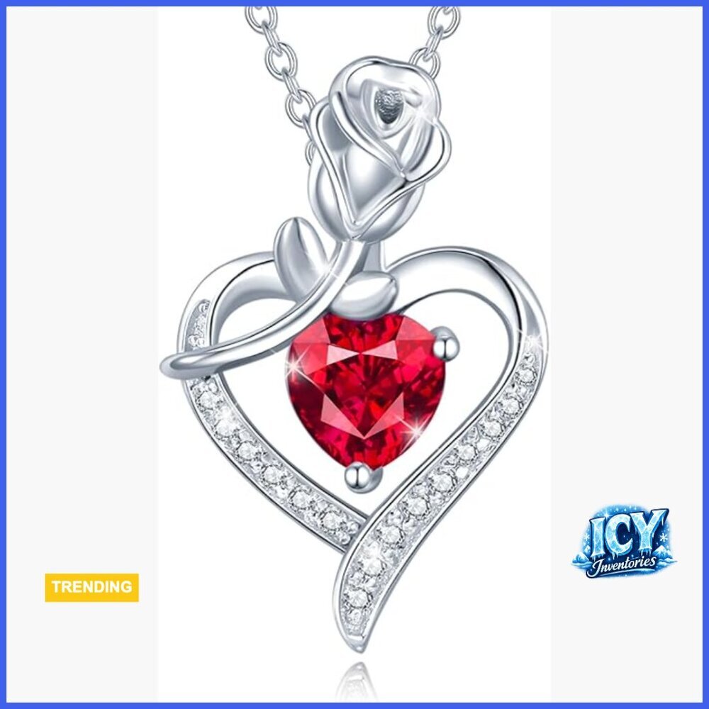 Sterling Silver Ruby Heart Pendant Necklace with White Gold Plating